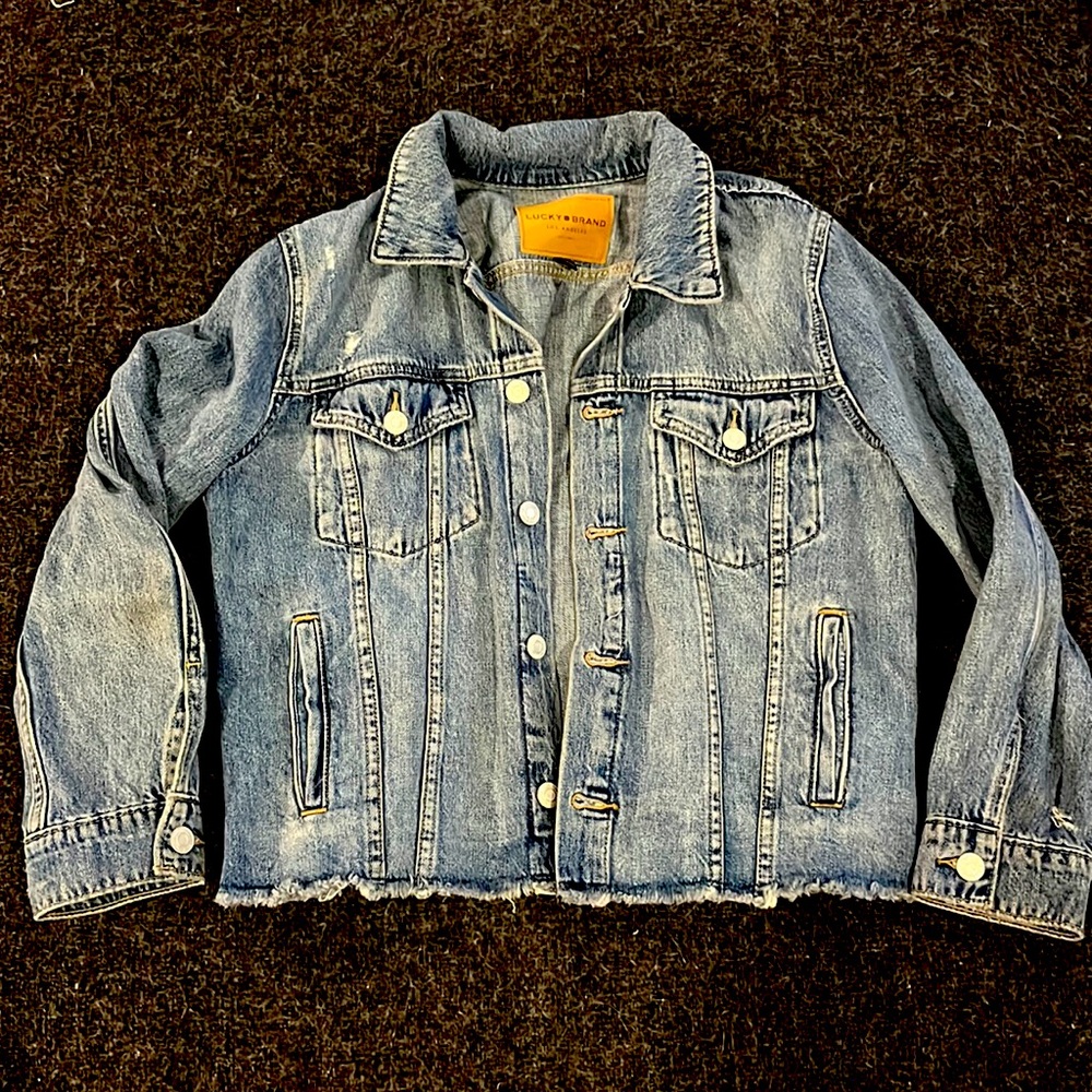 Lucky Brand distressed jean jacket! Barely worn! Can dress up or dress down!